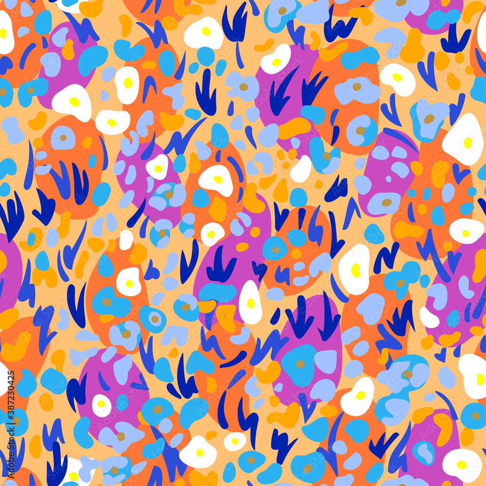 Vector organic abstract shapes background. Summer seamless pattern made of decorative flowers and plants. Simple geometric doodle elements. Trendy flat style for fashion design, textile and fabric.