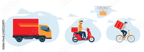 Online delivery service concept, online order tracking, delivery home and office. Warehouse, truck, drone, scooter and bicycle courier, delivery man. Vector illustration