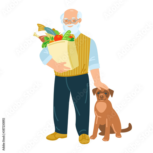 An elderly man holds a bag of groceries. A dog sits nearby. Vector illustration in flat style. Isolated on white.