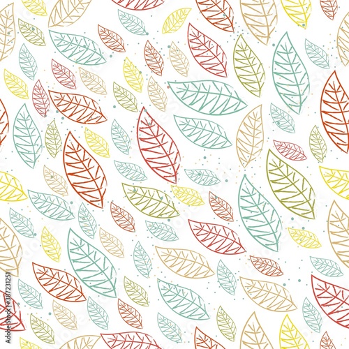Seamless Pattern with hand drawn flying leafs. Scandinavian Style.