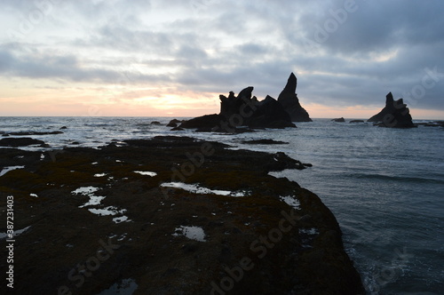 Sunset camping at the Shi Shi Beach in the Olympic National Park in the Pacific Northwest of Washington State, USA