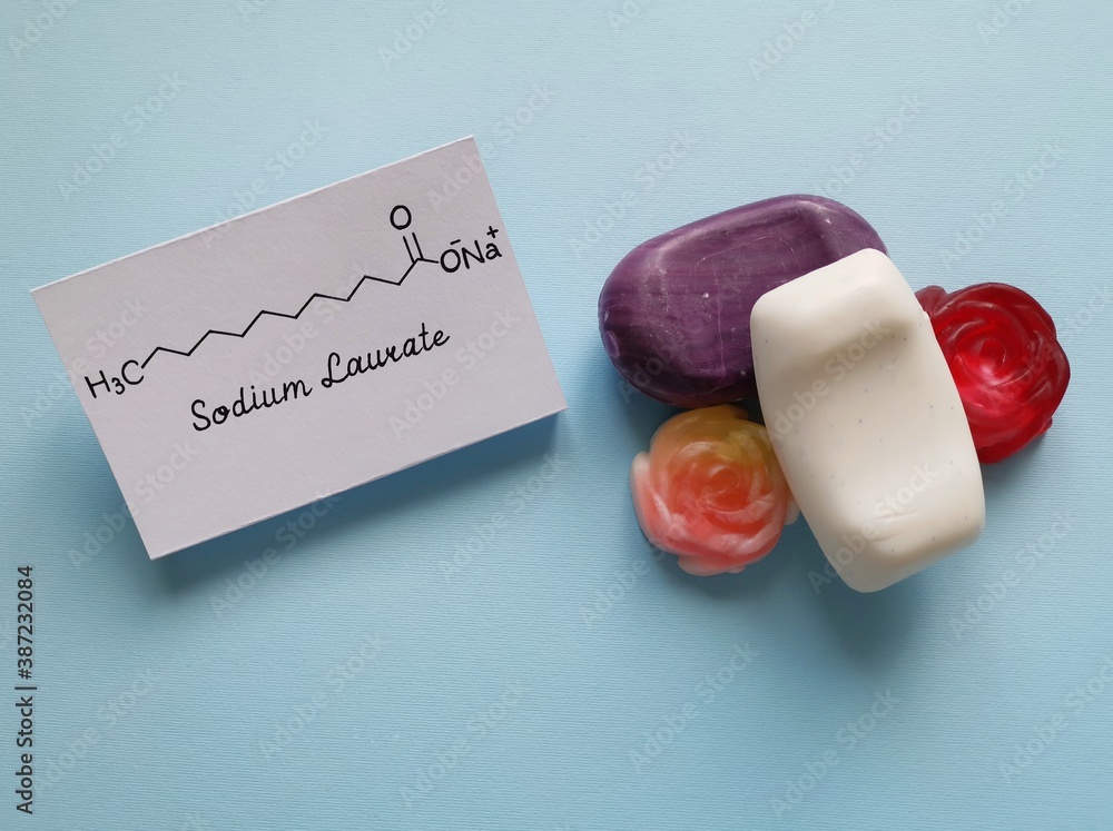 Structural chemical formula of sodium laurate molecule with soaps. Sodium laurate (or