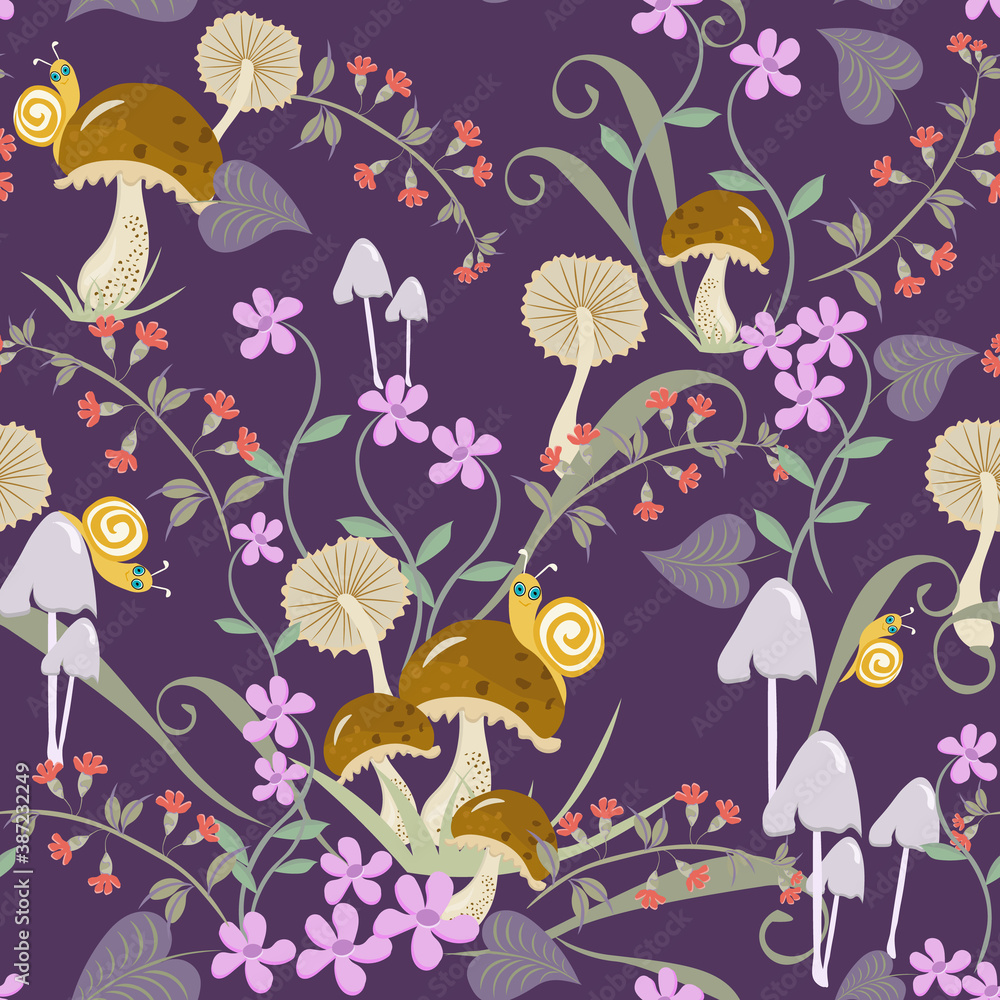 Vector floral seamless pattern with hand drawn mushrooms, flowers, leaves, snails. Cute cartoon style texture. Vintage background. Forest nature theme. Funny repeat design for kids, boys and girls Vector floral seamless pattern with hand drawn mushrooms, flowers, leaves, snails. Cute cartoon style texture. Vintage background. Forest nature theme. Funny repeat design for kids, boys and girls