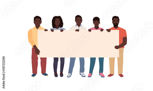Group Black men and women standing together, holding blank banner. People taking part in parade. protesters or activists.Cartoon colorful vector illustration