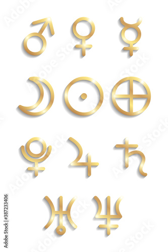 Set of golden shiny planets signs for astrology or horoscopes.