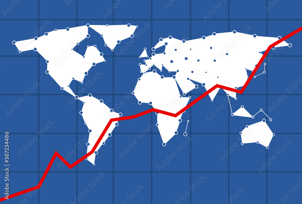 Fototapeta premium Infograph mockup for the economy with a red indication line going up for a postive economy and the world map in the background