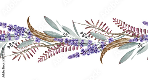 Seamless border with lavender and eucalyptus watercolor illustration. Natural organic herbs mixed in elegant ornament. Hand drawn eucalyptus branch with lavender flowers in seamless border