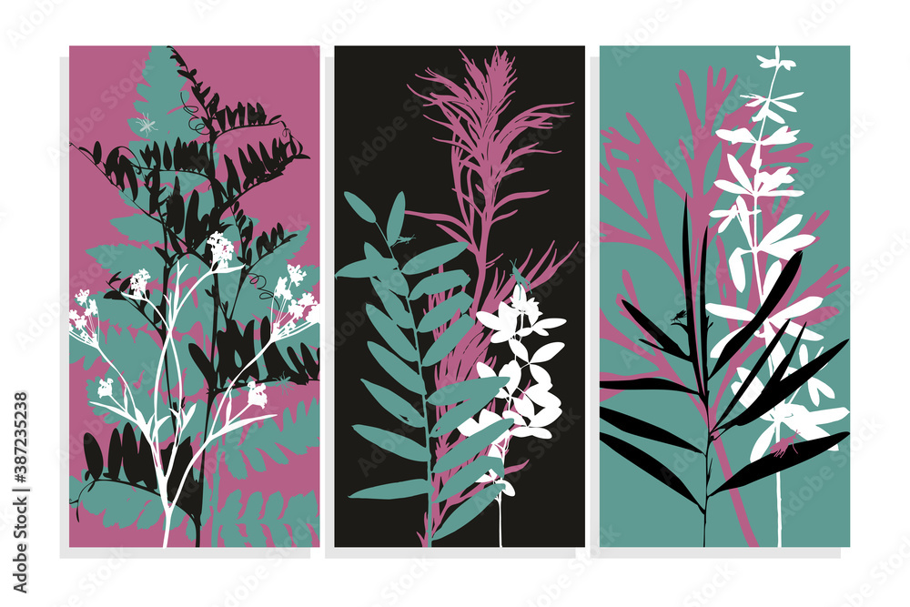 Set of abstract vertical backgrounds with botanical elements. Silhouettes of wild forest herbs isolated on colored background. Vector illustration