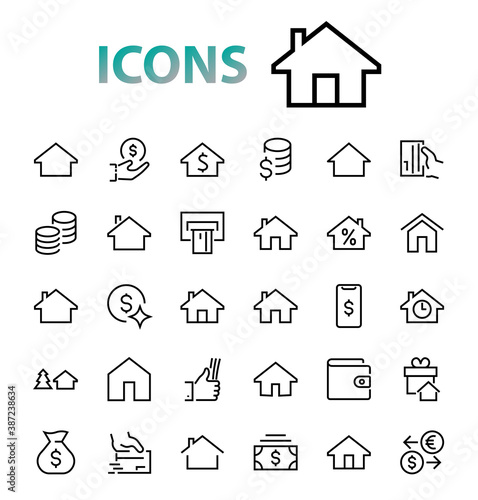 Simple set of line vector home icons. Contains house symbols at interest, infuse house and more. Editable stroke. 480x480 pixels perfect