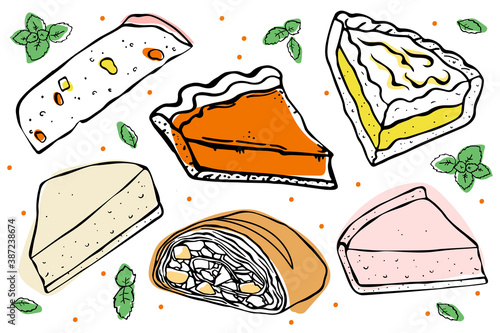 A set of slices of pies with various fillings. Easter cake, strudel, cheesecake, pumpkin pie, lemon pie. Doodle style.
