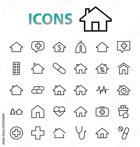 Simple set of line vector home icons. Contains house symbols at interest, infuse house and more. Editable stroke. 480x480 pixels perfect