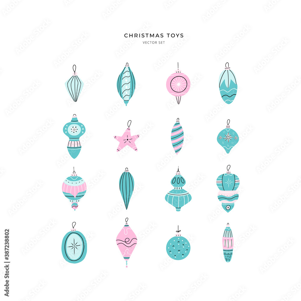 Vector bundle of various christmas tree toys, cute set of baubles or balls and different decorations. Hand drawn illustration in flat cartoon style.