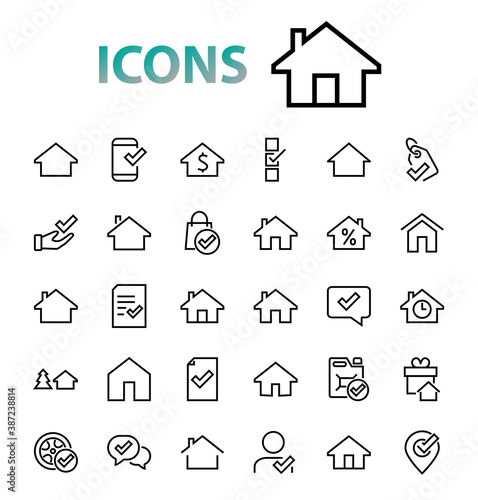 Simple set of line vector home icons. Contains house symbols at interest, infuse house and more. Editable stroke. 480x480 pixels perfect