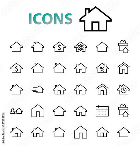 Simple set of line vector home icons. Contains house symbols at interest, infuse house and more. Editable stroke. 480x480 pixels perfect