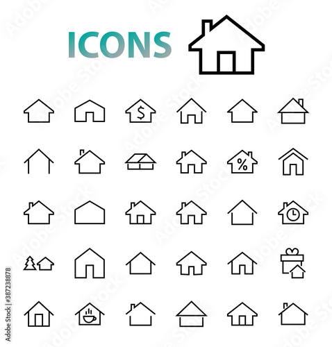 Simple set of line vector home icons. Contains house symbols at interest, infuse house and more. Editable stroke. 480x480 pixels perfect