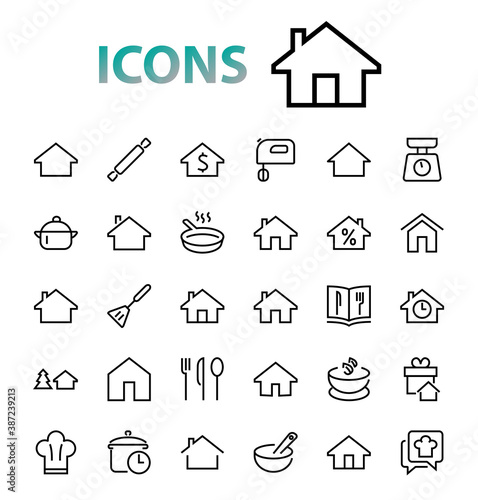 Simple set of line vector home icons. Contains house symbols at interest, infuse house and more. Editable stroke. 480x480 pixels perfect