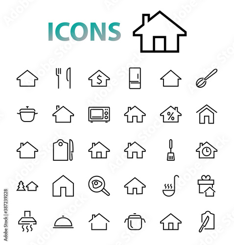 Simple set of line vector home icons. Contains house symbols at interest, infuse house and more. Editable stroke. 480x480 pixels perfect