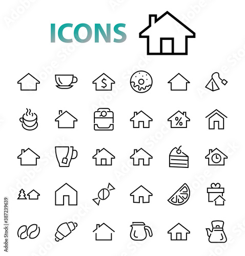 Simple set of line vector home icons. Contains house symbols at interest, infuse house and more. Editable stroke. 480x480 pixels perfect