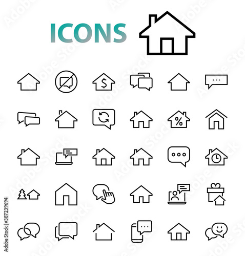 Simple set of line vector home icons. Contains house symbols at interest, infuse house and more. Editable stroke. 480x480 pixels perfect