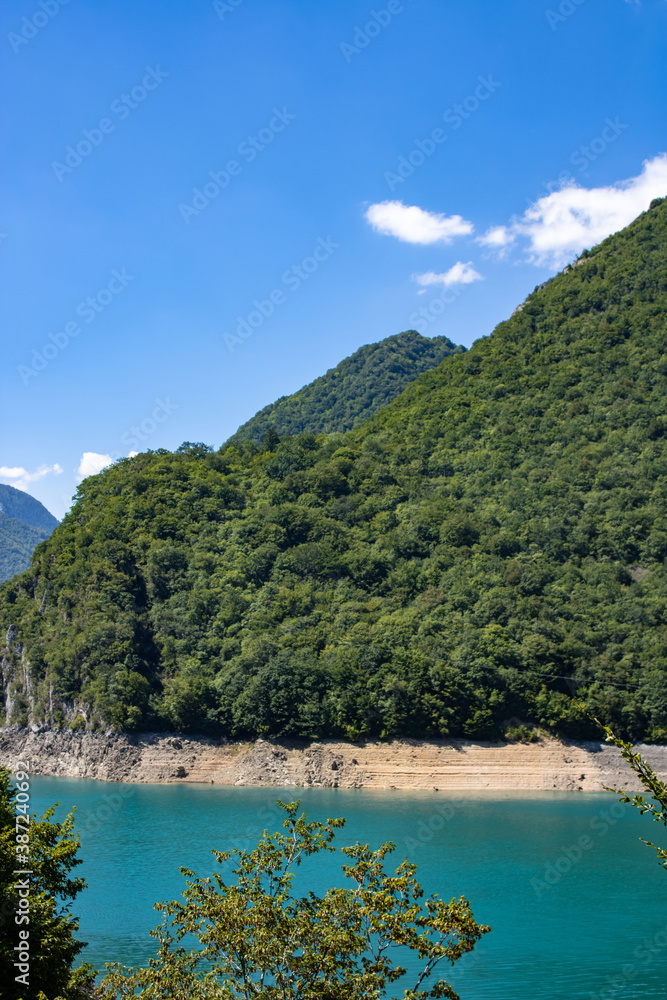 The famous Piva river canyon with its fantastic reservoir Piva Lake (Pivsko Jezero) summer view in Montenegro. Nature travel background.