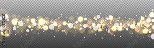 Bokeh Christmas banner. Luxury glitter effect on transparent background. Gold defocused lights and glowing particles. Festive texture with isolated stardust. Vector illustration