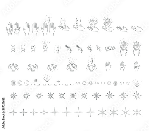 Set of thin line handdrawn illustrations. Magic design elements. Vector astrology and fortune tellers symbols. Isolated occult and alchemy icons 