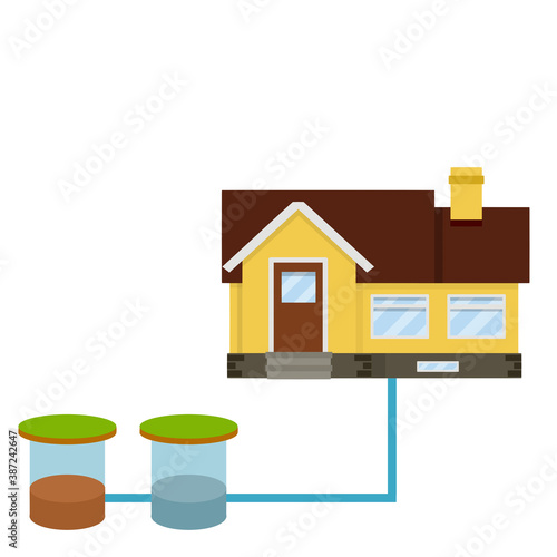 Scheme External network of suburban home sewage treatment system. house with brown roof. Cartoon flat illustration. Pipe, septic tanks, drainage
