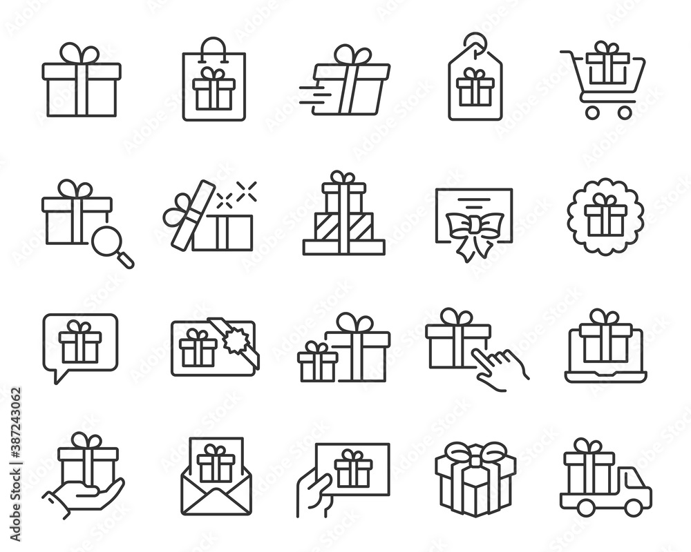 Gifts and Presents Icons set. Collection of simple linear web icons such Gift Box, Delivery of a Gift, Gift Cards, Gift Certificate and others. Editable vector stroke. Gifts and Presents Icons set. Collection of simple linear web icons such Gift Box, Delivery of a Gift, Gift Cards, Gift Certificate and others. Editable vector stroke.