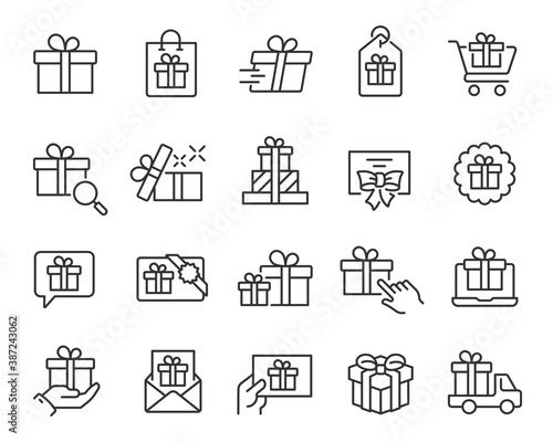 Gifts and Presents Icons set. Collection of simple linear web icons such Gift Box, Delivery of a Gift, Gift Cards, Gift Certificate and others. Editable vector stroke.