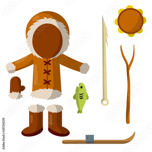 Set of eskimo and Aleutian objects. Warm clothing made of leather, boots, glove, tambourine, harpoon for hunting and fishing, fish, stick, ski. Life in Arctic and North. Cartoon flat illustration