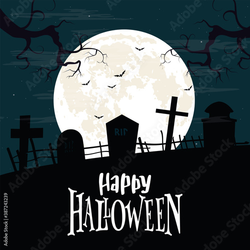 Happy halloween card. Creepy graveyard. Scary cemetery - Vector