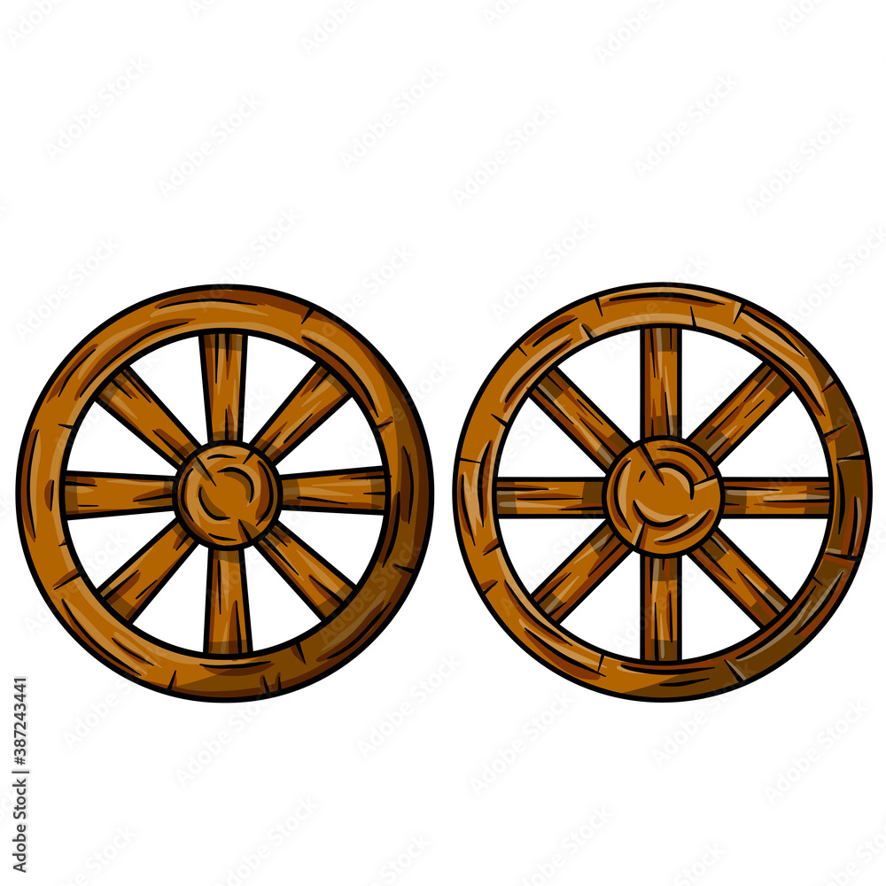 Set of old wooden cart wheels. Brown Detail of wagon with cracks.