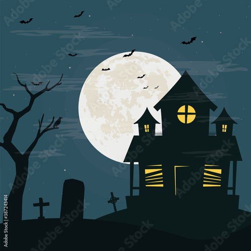 Dark night with horror house - Vector illustration