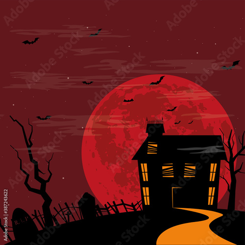 Dark night with horror house - Vector illustration