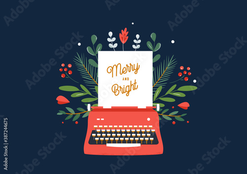Christmas and Winter Holidays Theme Illustration of Red Typewriter and Green Ornament. Merry and Bright Sign. Vector Design