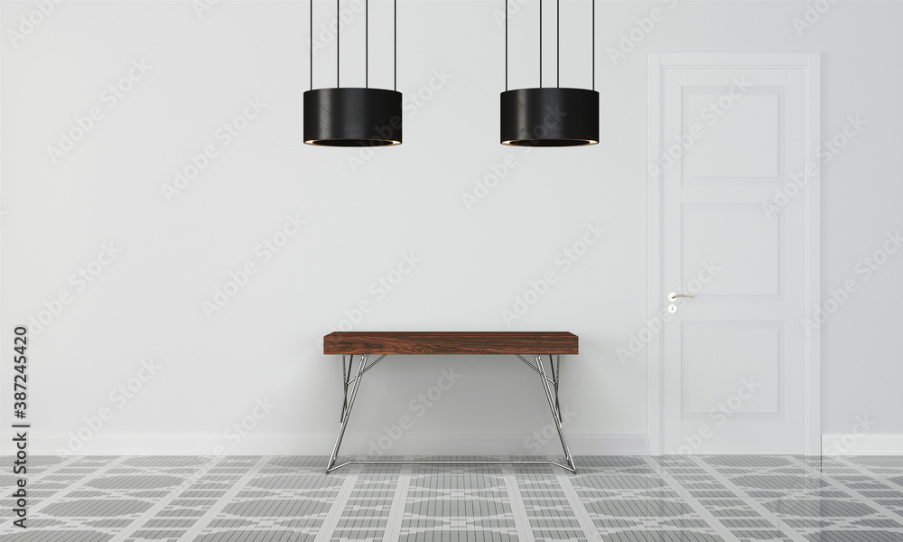 Modern workspace with desk and lamp in minimalistic interior