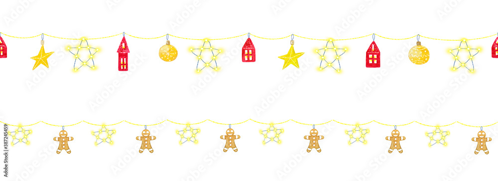 Seamless pattern with Christmas garland of balls, stars and gingerbread cookies Seamless pattern with Christmas garland of balls, stars and gingerbread cookies