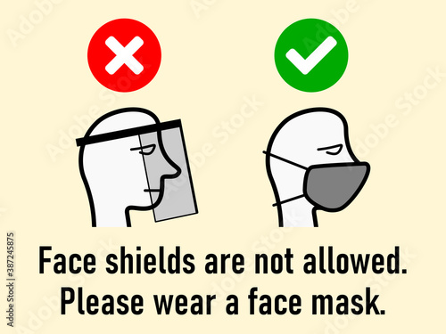 Face Shields are not Allowed. Please Wear a Face Mask Sign with Graphic and Text. Vector Image.