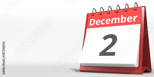 December 2 date on the flip calendar page, 3d rendering