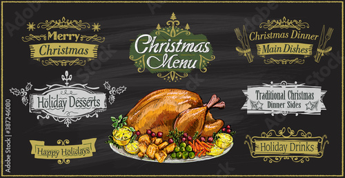 Chalk christmas menu on a blackboard with traditional roasted turkey and holiday lettering