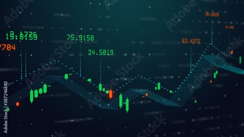 Growing graph of a success business trading rates 3D illustration. Economics infographics with financial statistics of global data. Chart or diagram background with indicators of income and expenses