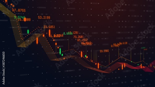 Falling graph of trading rates illustration. 3D Render elements. Critical Crisis business situation. Economics infographics with financial statistics of global data with indicators of expenses, income photo