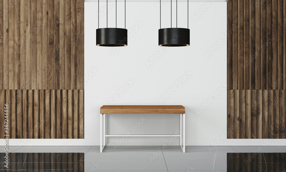Modern workspace with desk and lamp in minimalistic interior Modern workspace with desk and lamp in minimalistic interior