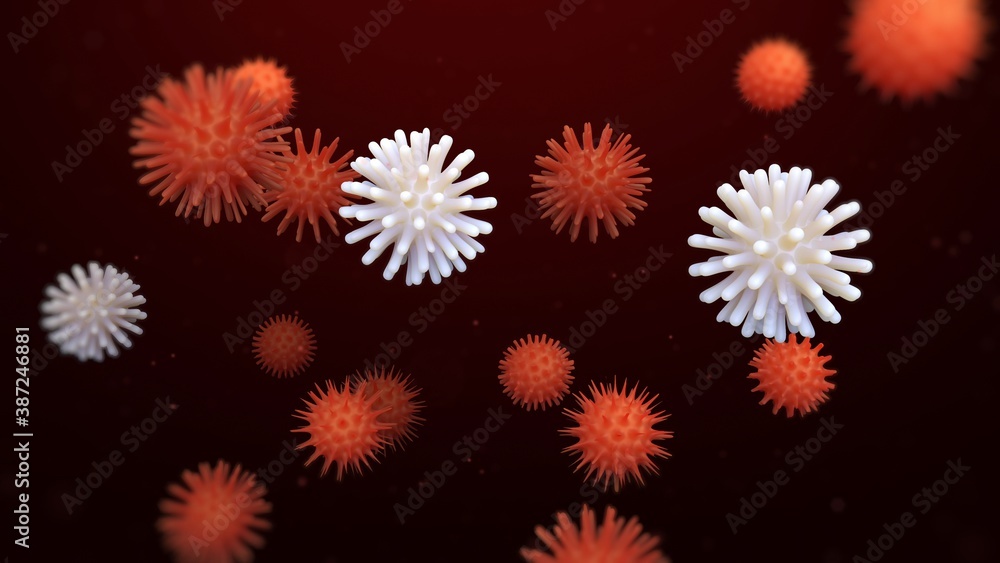 Virus cell in human body. Microscopic Floating Coronavirus or dangerous bacterium cells. Infected organism visualization. Aids. Viral disease. 3D Render Concept. Medical and Scientific illustration