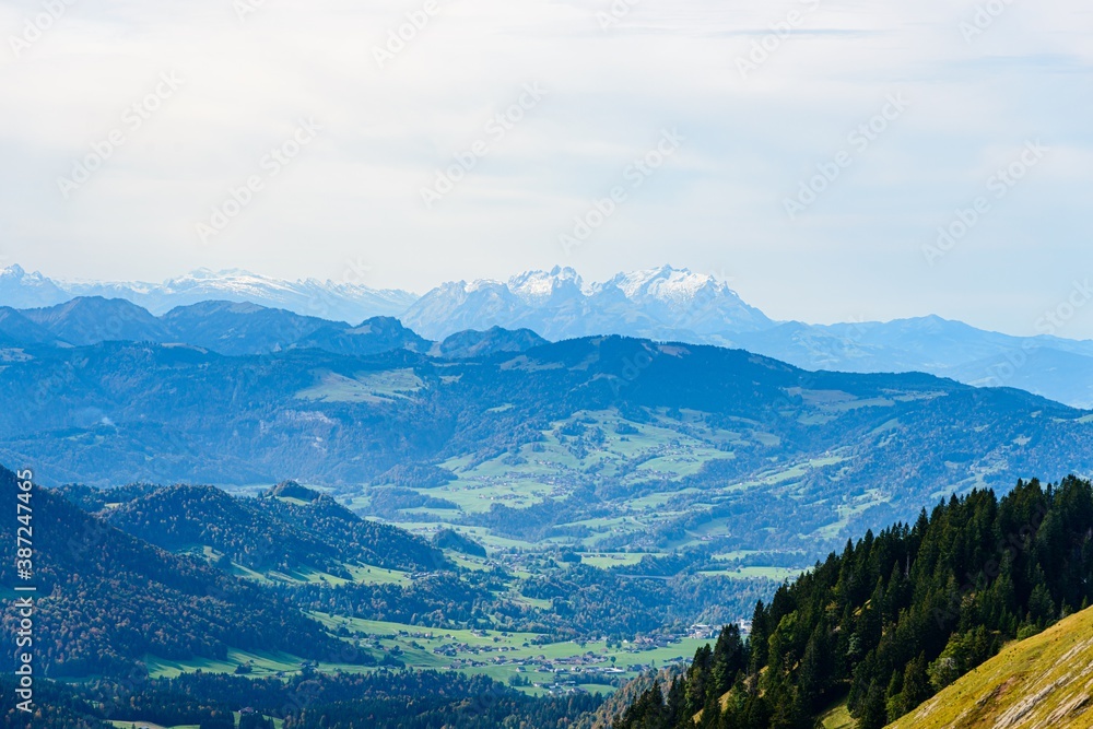 View from Hochgrat mountain nearby Oberstaufen (Bavaria, Bayern, Germany) on Santis mountain, alps mountains by Appenzell, St. Gallen, Switzerland.