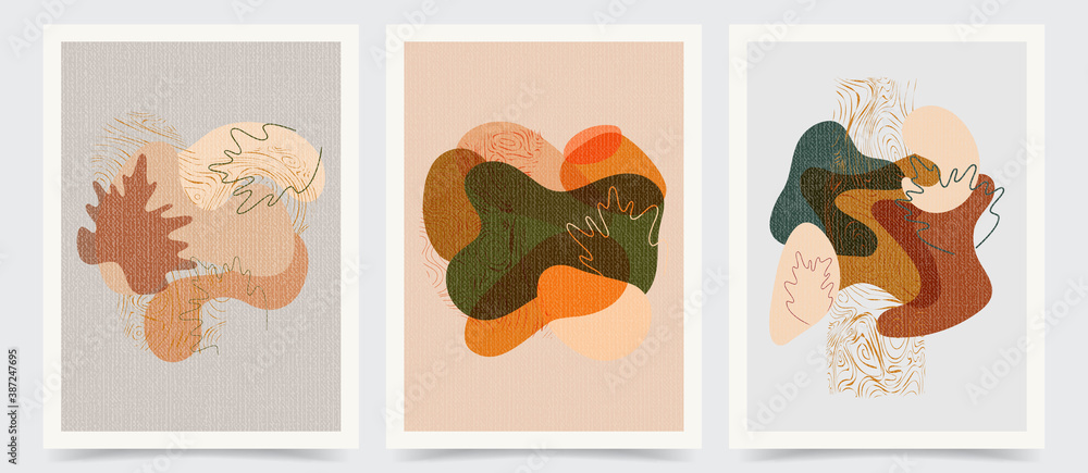 Vector illustration. Wall decor. Set of minimalist abstraction painting. Wavy shapes and lines. Old vintage concept. Design for cover, poster, postcard, card, flyer, brochure. Banner retro template.