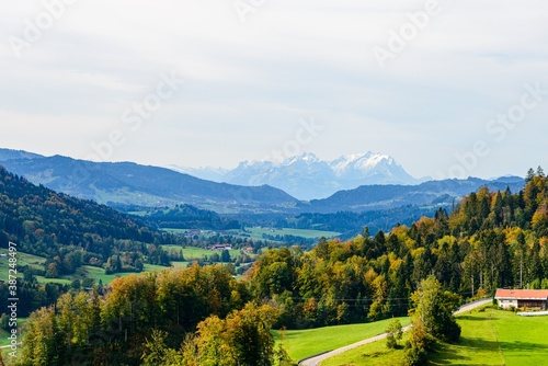 View from Oberstaufen (Bavaria, Bayern, Germany) on Santis mountain, alps mountains by Appenzell, St. Gallen, Switzerland.