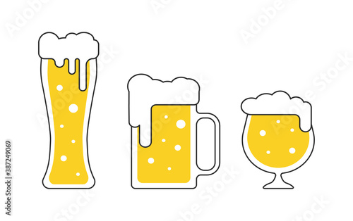 Different beer mugs, pints, tankards with foam in flat style isolated illustration