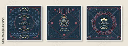 Set of Christmas greeting cards and banners. Vintage ornament frames. Vector illustration. 