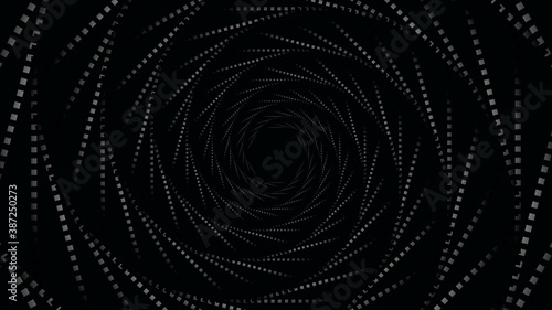 Swirling lighting symbol. Optical illusion. Twisted white wormhole on black background. 3D wireframe abstract tunnel. Vector illustration.